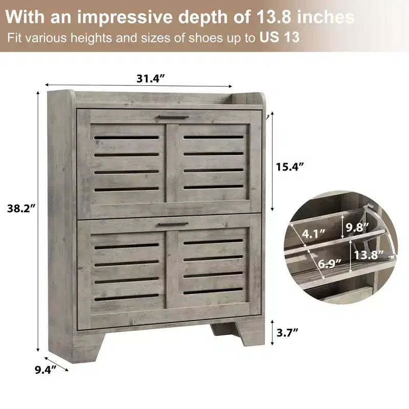Shoe Cabinet, 2-Tier Flip Down Narrow Shoe Rack with Hooks, Farmhouse Slim Entryway Organizer for Small Spaces