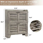 Shoe Cabinet, 2-Tier Flip Down Narrow Shoe Rack with Hooks, Farmhouse Slim Entryway Organizer for Small Spaces