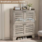 Shoe Cabinet, 2-Tier Flip Down Narrow Shoe Rack with Hooks, Farmhouse Slim Entryway Organizer for Small Spaces