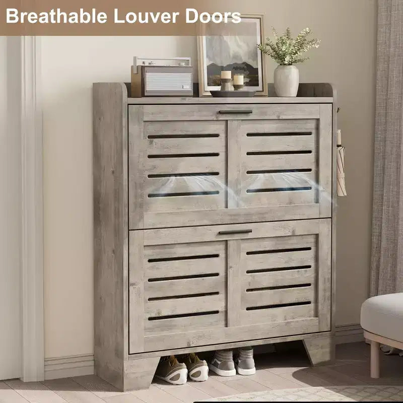 Shoe Cabinet, 2-Tier Flip Down Narrow Shoe Rack with Hooks, Farmhouse Slim Entryway Organizer for Small Spaces