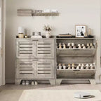 Shoe Cabinet, 2-Tier Flip Down Narrow Shoe Rack with Hooks, Farmhouse Slim Entryway Organizer for Small Spaces