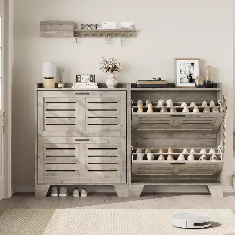 Shoe Cabinet, 2-Tier Flip Down Narrow Shoe Rack with Hooks, Farmhouse Slim Entryway Organizer for Small Spaces