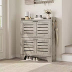 Shoe Cabinet, 2-Tier Flip Down Narrow Shoe Rack with Hooks, Farmhouse Slim Entryway Organizer for Small Spaces