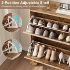 Shoe Cabinet, 2-Tier Flip Down Narrow Shoe Rack with Hooks, Farmhouse Slim Entryway Organizer for Small Spaces