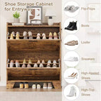 Shoe Cabinet, 2-Tier Flip Down Narrow Shoe Rack with Hooks, Farmhouse Slim Entryway Organizer for Small Spaces