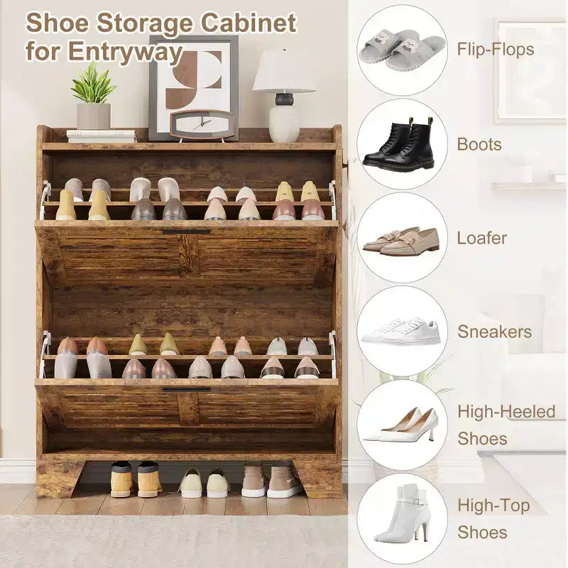 Shoe Cabinet, 2-Tier Flip Down Narrow Shoe Rack with Hooks, Farmhouse Slim Entryway Organizer for Small Spaces