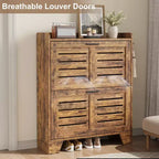 Shoe Cabinet, 2-Tier Flip Down Narrow Shoe Rack with Hooks, Farmhouse Slim Entryway Organizer for Small Spaces