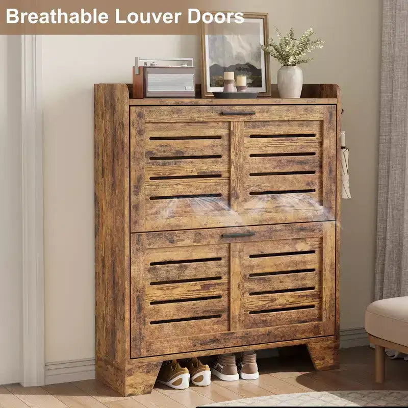 Shoe Cabinet, 2-Tier Flip Down Narrow Shoe Rack with Hooks, Farmhouse Slim Entryway Organizer for Small Spaces