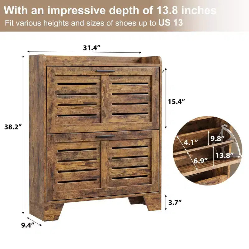 Shoe Cabinet, 2-Tier Flip Down Narrow Shoe Rack with Hooks, Farmhouse Slim Entryway Organizer for Small Spaces