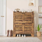 Shoe Cabinet, 2-Tier Flip Down Narrow Shoe Rack with Hooks, Farmhouse Slim Entryway Organizer for Small Spaces