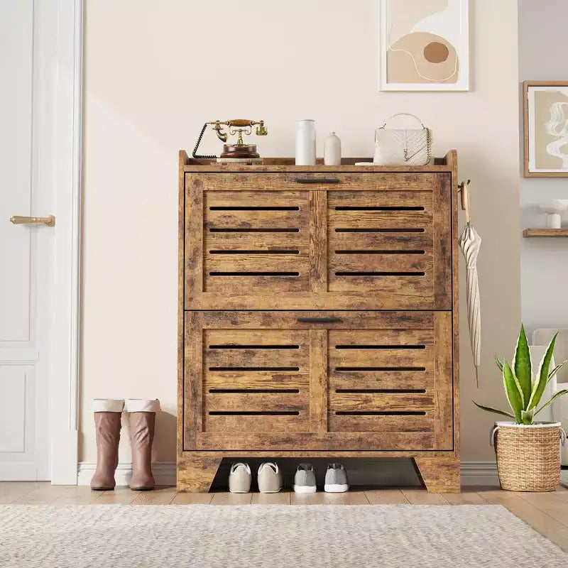 Shoe Cabinet, 2-Tier Flip Down Narrow Shoe Rack with Hooks, Farmhouse Slim Entryway Organizer for Small Spaces