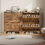 Shoe Cabinet, 2-Tier Flip Down Narrow Shoe Rack with Hooks, Farmhouse Slim Entryway Organizer for Small Spaces
