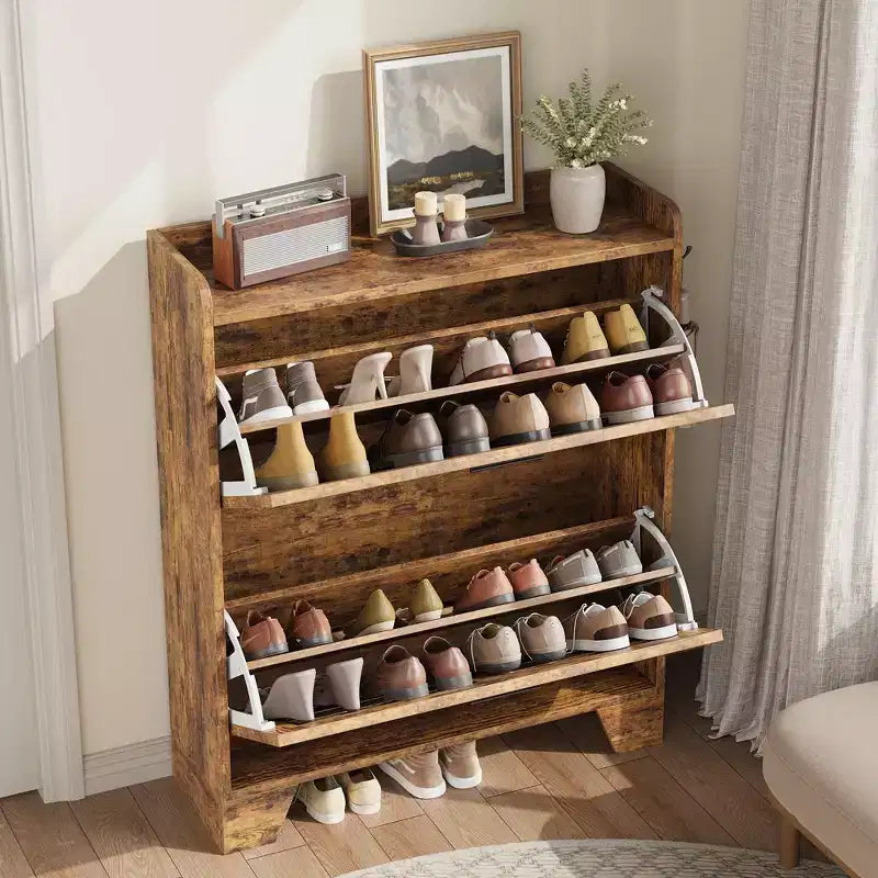 Shoe Cabinet, 2-Tier Flip Down Narrow Shoe Rack with Hooks, Farmhouse Slim Entryway Organizer for Small Spaces