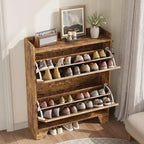 Shoe Cabinet, 2-Tier Flip Down Narrow Shoe Rack with Hooks, Farmhouse Slim Entryway Organizer for Small Spaces