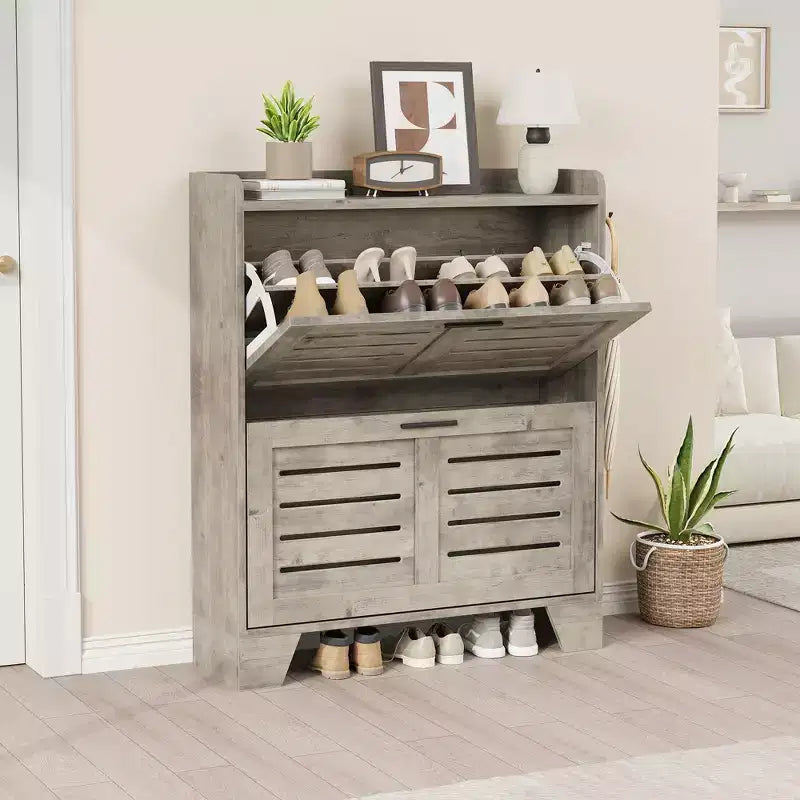 Shoe Cabinet, 2-Tier Flip Down Narrow Shoe Rack with Hooks, Farmhouse Slim Entryway Organizer for Small Spaces