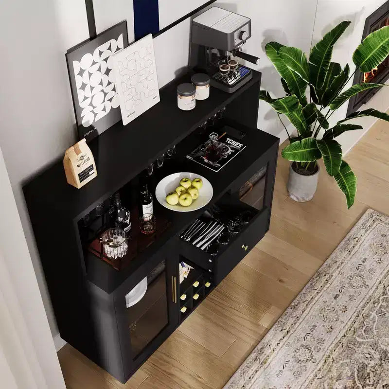Premium 2-Tier Wine Bar Cabinet with Glass Doors & Storage Drawers - Versatile Home Bar Furniture for Kitchen, Dining Room, Office, Game Room