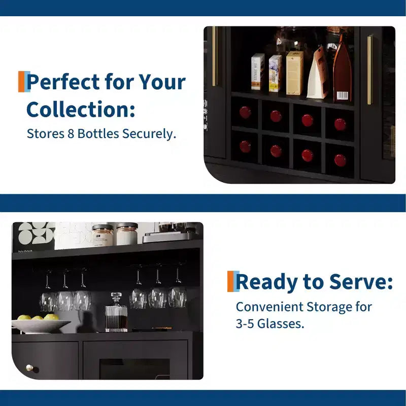 Premium 2-Tier Wine Bar Cabinet with Glass Doors & Storage Drawers - Versatile Home Bar Furniture for Kitchen, Dining Room, Office, Game Room