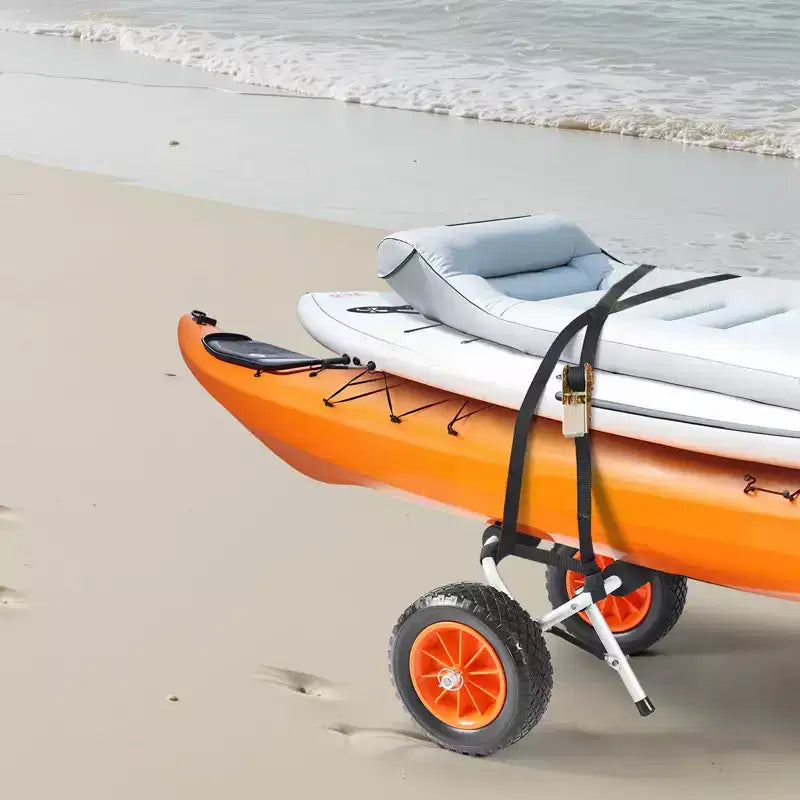 VEVOR Kayak Cart, 200 lbs Load Capacity, Foldable Kayak Trolley with 10-inch Solid Rubber Tires & 1 Ratchet Strap, Paddle Board Trolley,Black+Orange