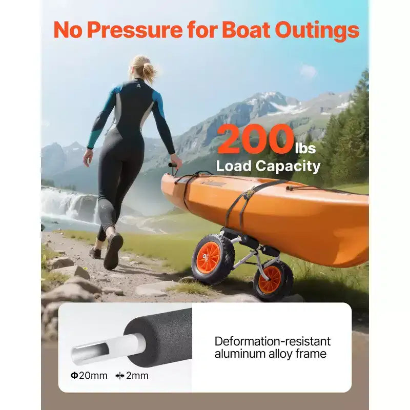 VEVOR Kayak Cart, 200 lbs Load Capacity, Foldable Kayak Trolley with 10-inch Solid Rubber Tires & 1 Ratchet Strap, Paddle Board Trolley,Black+Orange