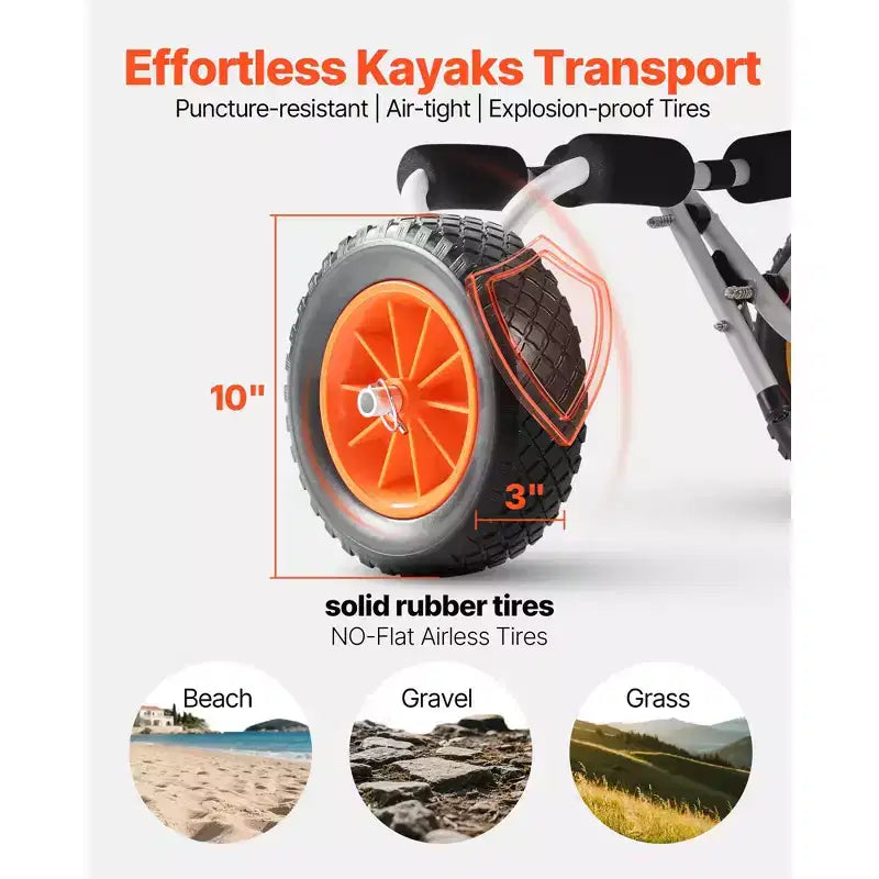 VEVOR Kayak Cart, 200 lbs Load Capacity, Foldable Kayak Trolley with 10-inch Solid Rubber Tires & 1 Ratchet Strap, Paddle Board Trolley,Black+Orange
