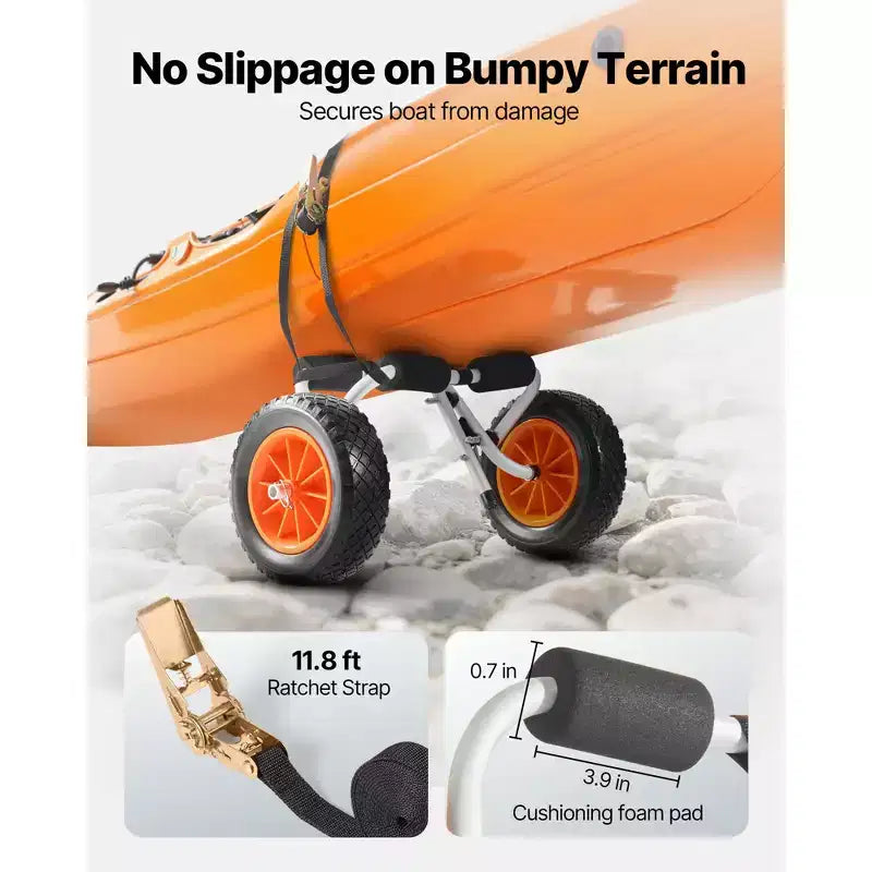 VEVOR Kayak Cart, 200 lbs Load Capacity, Foldable Kayak Trolley with 10-inch Solid Rubber Tires & 1 Ratchet Strap, Paddle Board Trolley,Black+Orange