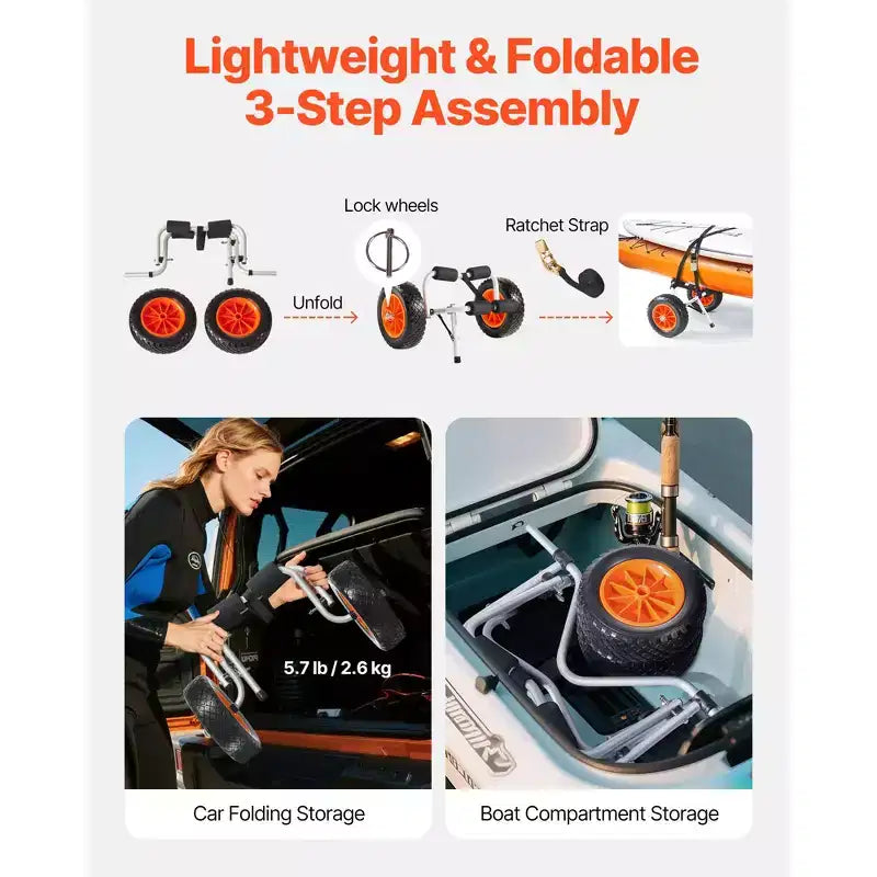 VEVOR Kayak Cart, 200 lbs Load Capacity, Foldable Kayak Trolley with 10-inch Solid Rubber Tires & 1 Ratchet Strap, Paddle Board Trolley,Black+Orange