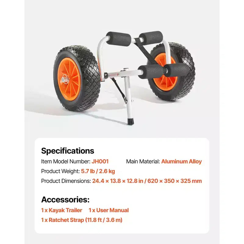 VEVOR Kayak Cart, 200 lbs Load Capacity, Foldable Kayak Trolley with 10-inch Solid Rubber Tires & 1 Ratchet Strap, Paddle Board Trolley,Black+Orange
