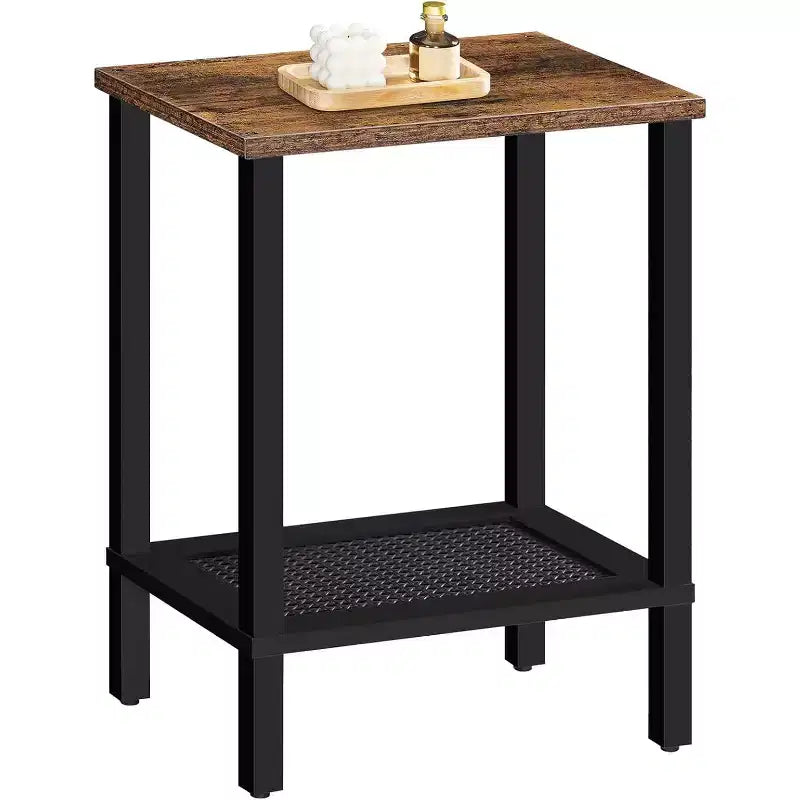 ACOINEL 2-Tier Small Side Table with Faux Rattan Decoration, Rustic Brown & Black Nightstand for Living Room/Bedroom, Space-Saving