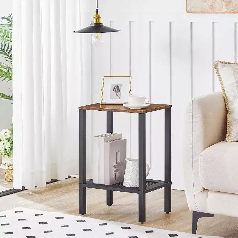 ACOINEL 2-Tier Small Side Table with Faux Rattan Decoration, Rustic Brown & Black Nightstand for Living Room/Bedroom, Space-Saving