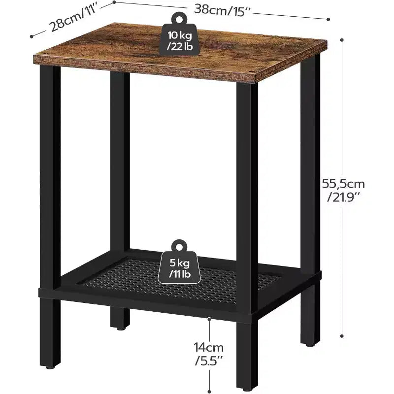 ACOINEL 2-Tier Small Side Table with Faux Rattan Decoration, Rustic Brown & Black Nightstand for Living Room/Bedroom, Space-Saving