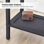 ACOINEL 2-Tier Small Side Table with Faux Rattan Decoration, Rustic Brown & Black Nightstand for Living Room/Bedroom, Space-Saving