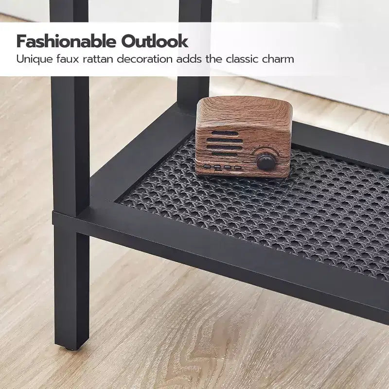 ACOINEL 2-Tier Small Side Table with Faux Rattan Decoration, Rustic Brown & Black Nightstand for Living Room/Bedroom, Space-Saving