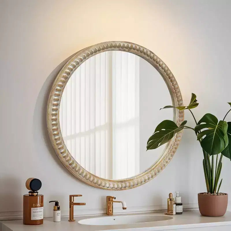 Modern Round Decorative Wall Mirror with Beaded Frame, Vanity Mirror for Bathroom, Accent Mirror for Living Room or Entryway-Panipeachy
