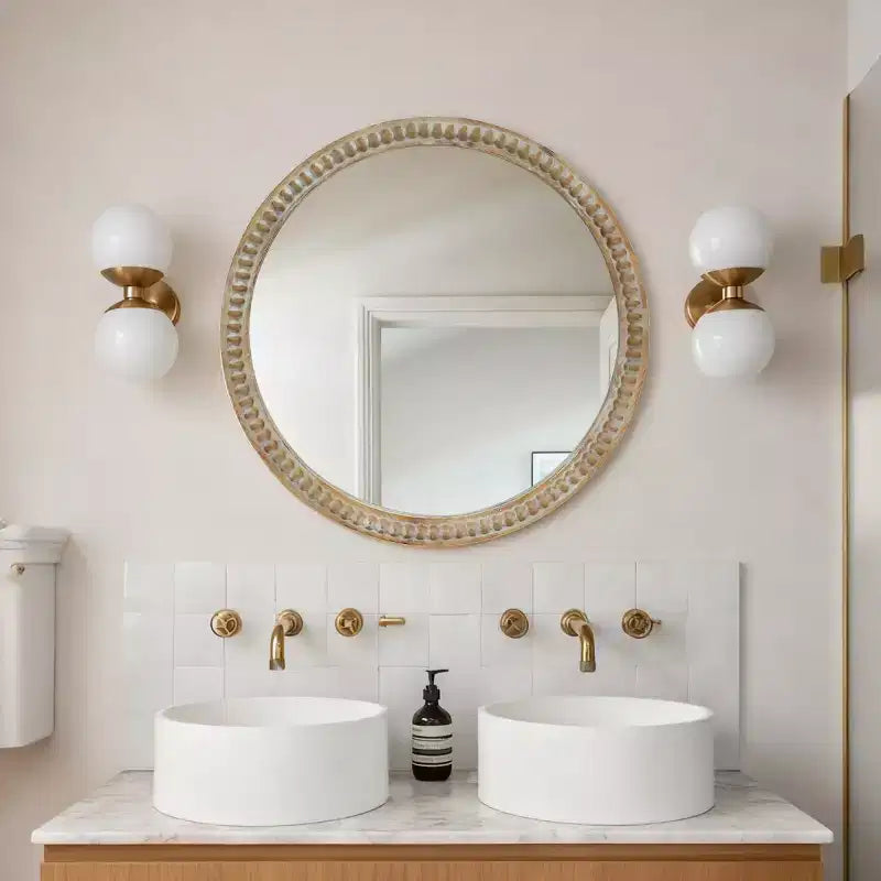 Modern Round Decorative Wall Mirror with Beaded Frame, Vanity Mirror for Bathroom, Accent Mirror for Living Room or Entryway-Panipeachy