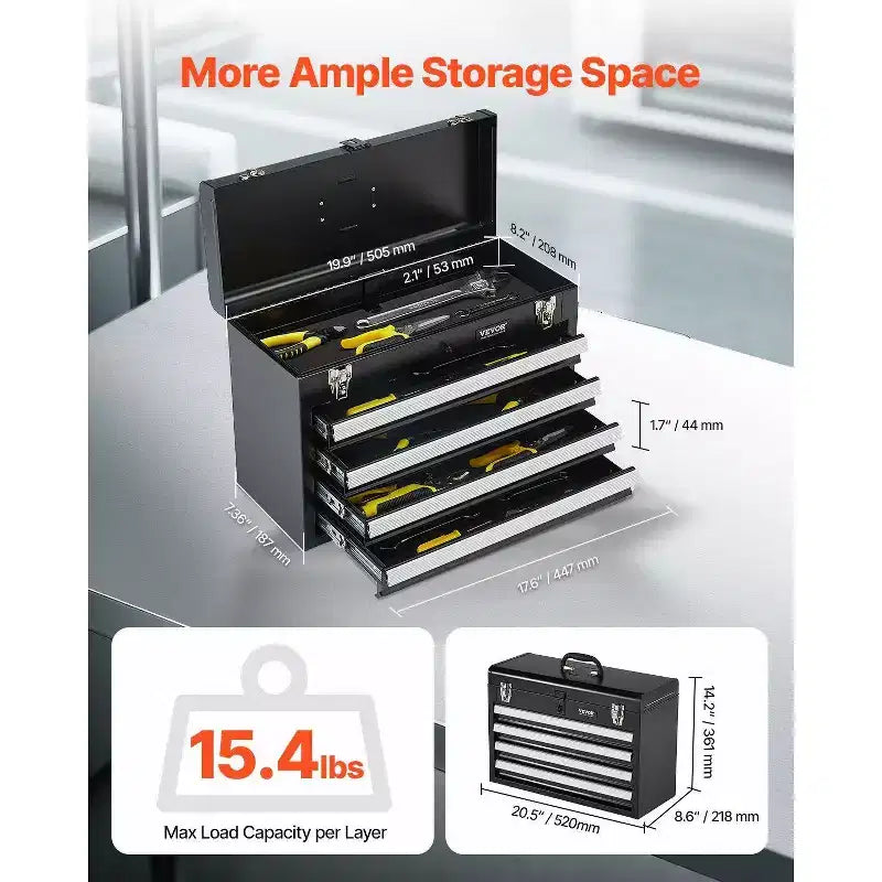 VIYET 20.5 Portable Metal Tool Storage - 4 Drawers, EVA Liners, Ball Bearing Slides, Lockable, Powder Coated