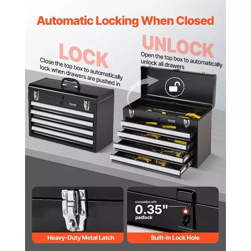 VIYET 20.5 Portable Metal Tool Storage - 4 Drawers, EVA Liners, Ball Bearing Slides, Lockable, Powder Coated