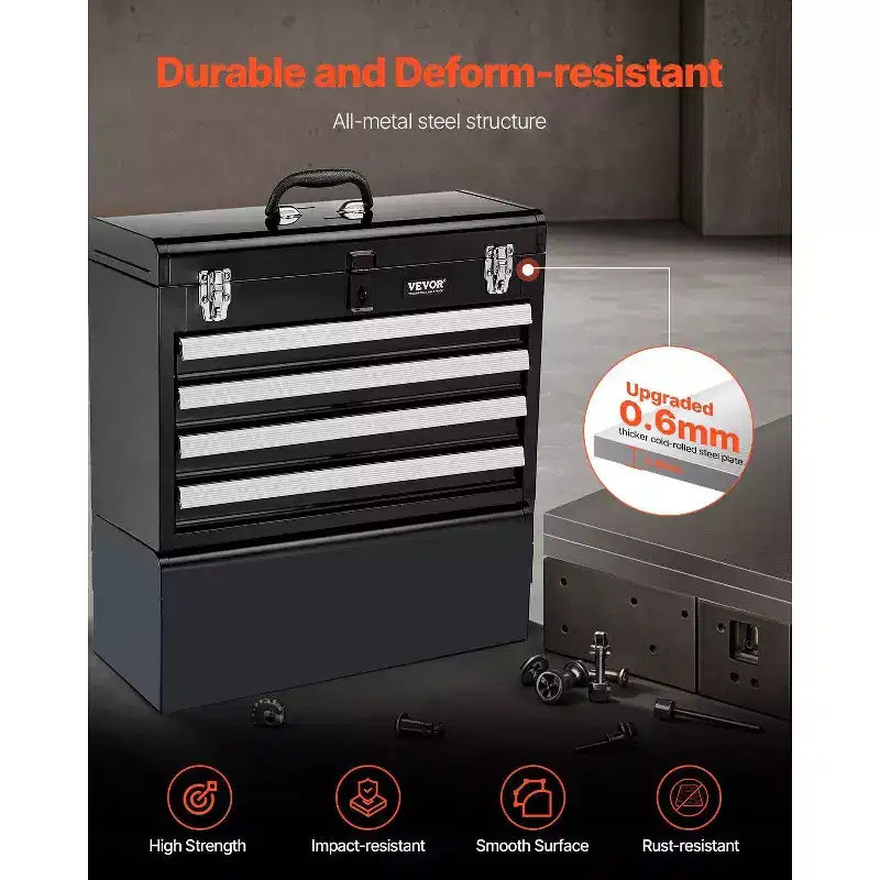 VIYET 20.5 Portable Metal Tool Storage - 4 Drawers, EVA Liners, Ball Bearing Slides, Lockable, Powder Coated