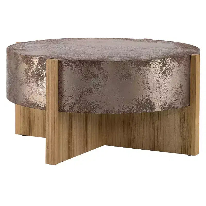 33 Vintage Round Drum Coffee Table with Cross Base, Distressed Rust Finish Center Table for Small Living Rooms or Apartments-Panipeachy