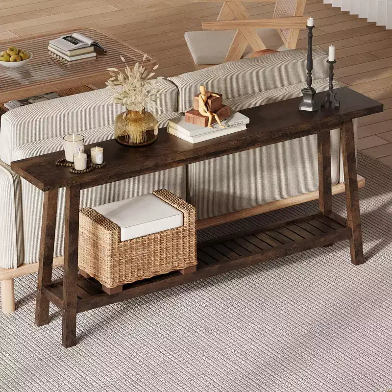 71 Wood Entryway Table with Storage, Farmhouse 2-Tier Narrow Console Table, for Living Room, Hallway, Entrance, Behind The Couch, Easy Assembly