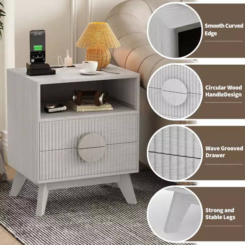 Modern Fluted Night Stand , Wood Nightstand Bedside Table End Table , Drawers and Storage Shelf for Living Room Bedroom