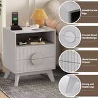 Modern Fluted Night Stand , Wood Nightstand Bedside Table End Table , Drawers and Storage Shelf for Living Room Bedroom