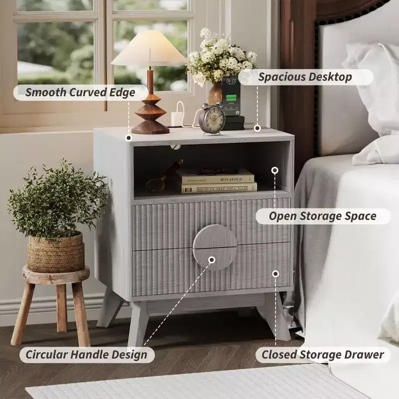 Modern Fluted Night Stand , Wood Nightstand Bedside Table End Table , Drawers and Storage Shelf for Living Room Bedroom