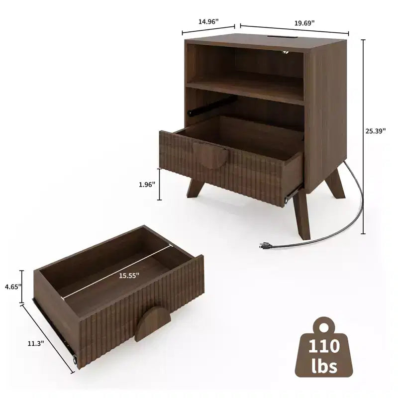 Modern Fluted Night Stand , Wood Nightstand Bedside Table End Table , Drawers and Storage Shelf for Living Room Bedroom