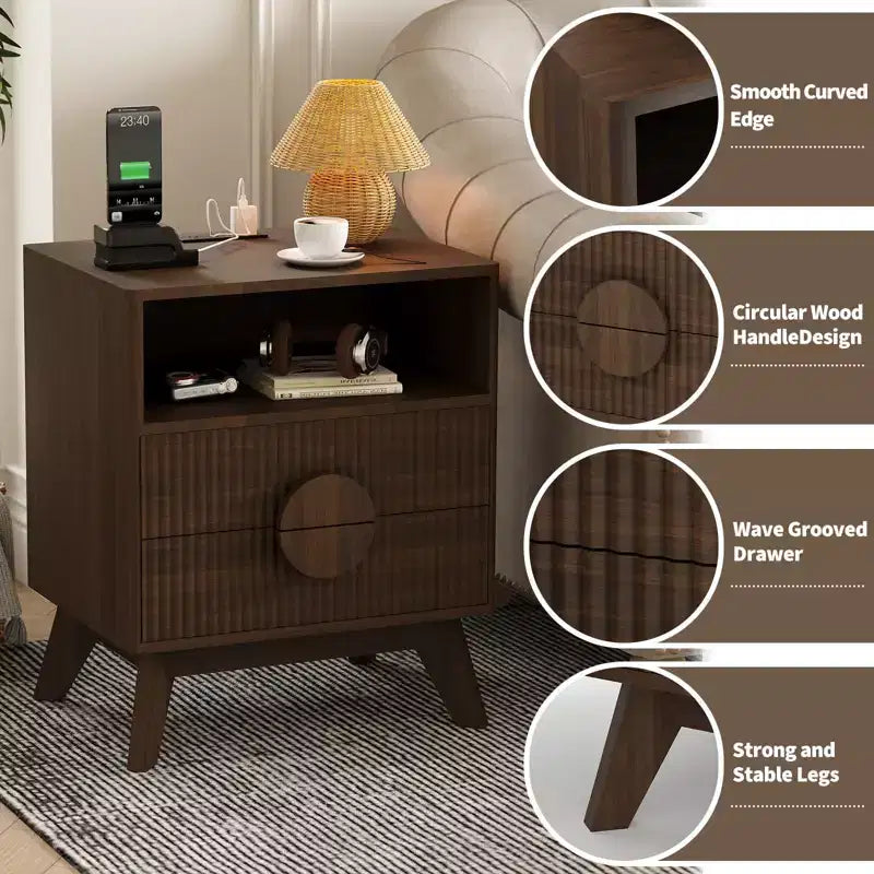 Modern Fluted Night Stand , Wood Nightstand Bedside Table End Table , Drawers and Storage Shelf for Living Room Bedroom
