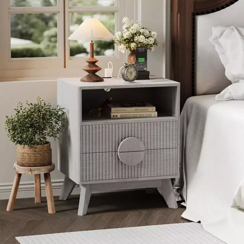 Modern Fluted Night Stand , Wood Nightstand Bedside Table End Table , Drawers and Storage Shelf for Living Room Bedroom