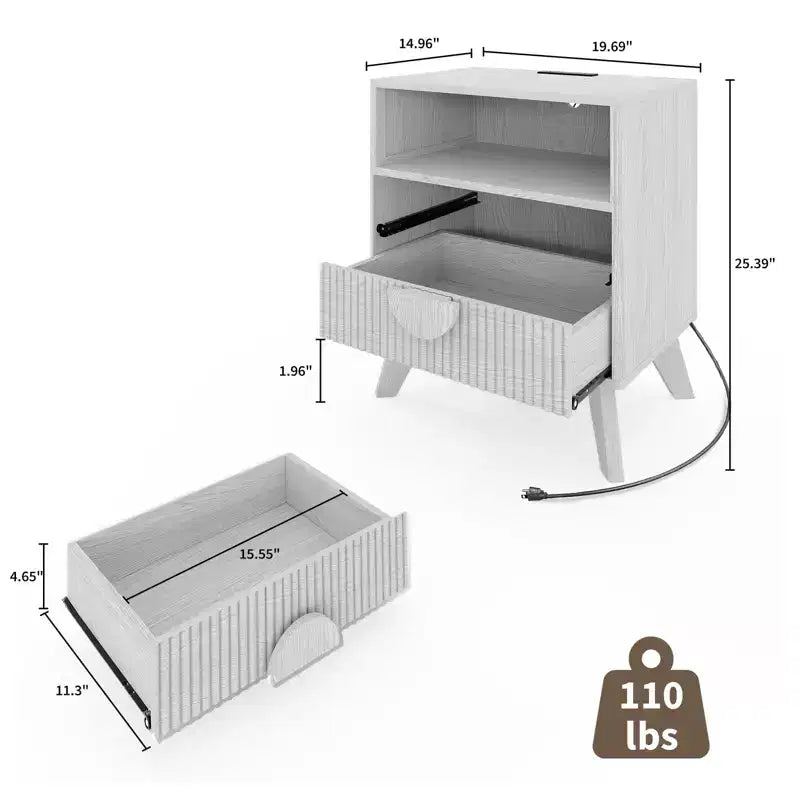 Modern Fluted Night Stand , Wood Nightstand Bedside Table End Table , Drawers and Storage Shelf for Living Room Bedroom