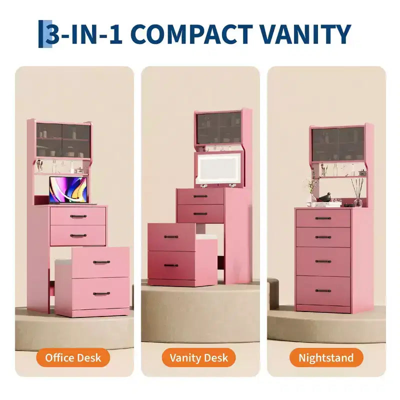 3 in 1 Vanity Desk with Flip up Mirror and Lights, Compact Makeup Vanity Set with Hidden Storage Stool, Small Dressing Table for Bedroom, Black