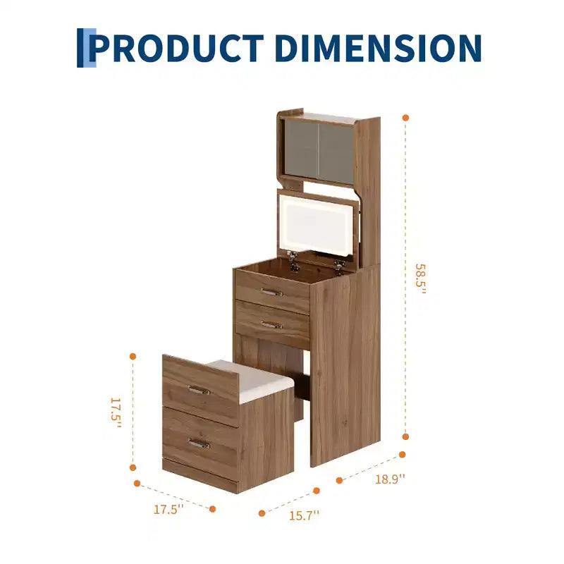 3 in 1 Vanity Desk with Flip up Mirror and Lights, Compact Makeup Vanity Set with Hidden Storage Stool, Small Dressing Table for Bedroom, Black