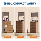 3 in 1 Vanity Desk with Flip up Mirror and Lights, Compact Makeup Vanity Set with Hidden Storage Stool, Small Dressing Table for Bedroom, Black