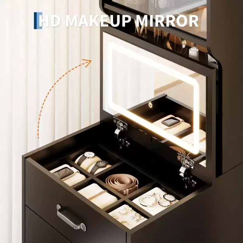 3 in 1 Vanity Desk with Flip up Mirror and Lights, Compact Makeup Vanity Set with Hidden Storage Stool, Small Dressing Table for Bedroom, Black